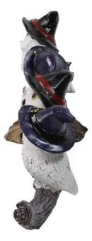 Halloween 5 Snow Owls and Owlets with Witch Hats Perching On Broomstick Figurine