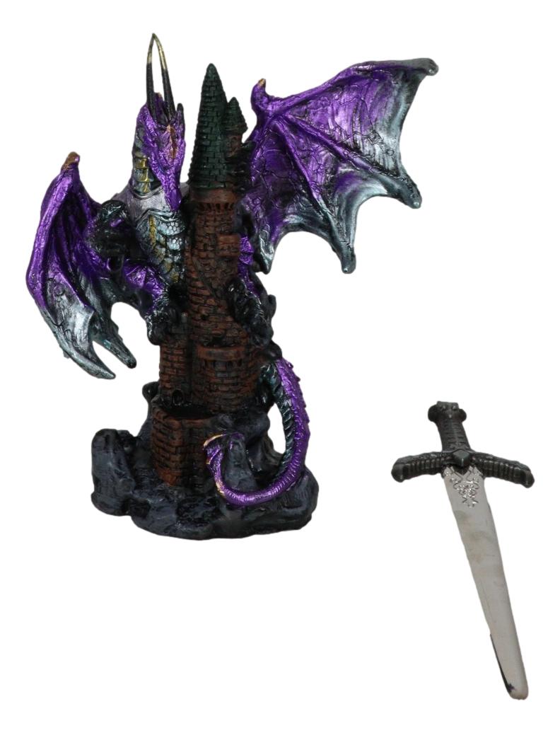 Purple Knight Dragon With Castle Tower And Gothic Sword Letter Opener Figurine