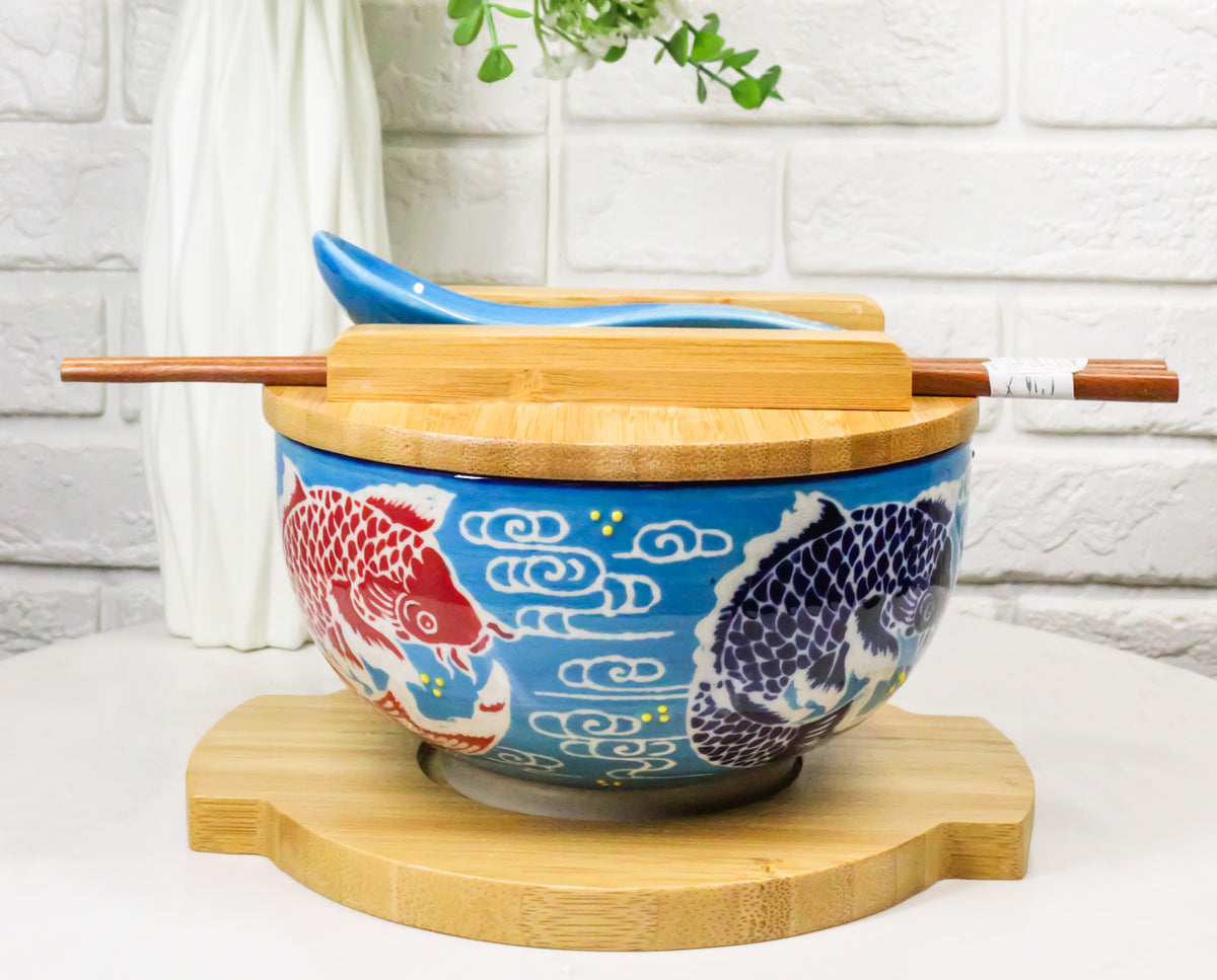 Blue And Red Koi Fishes Donburi Ramen Bowl With Lid Trivet Spoon Chopsticks Set