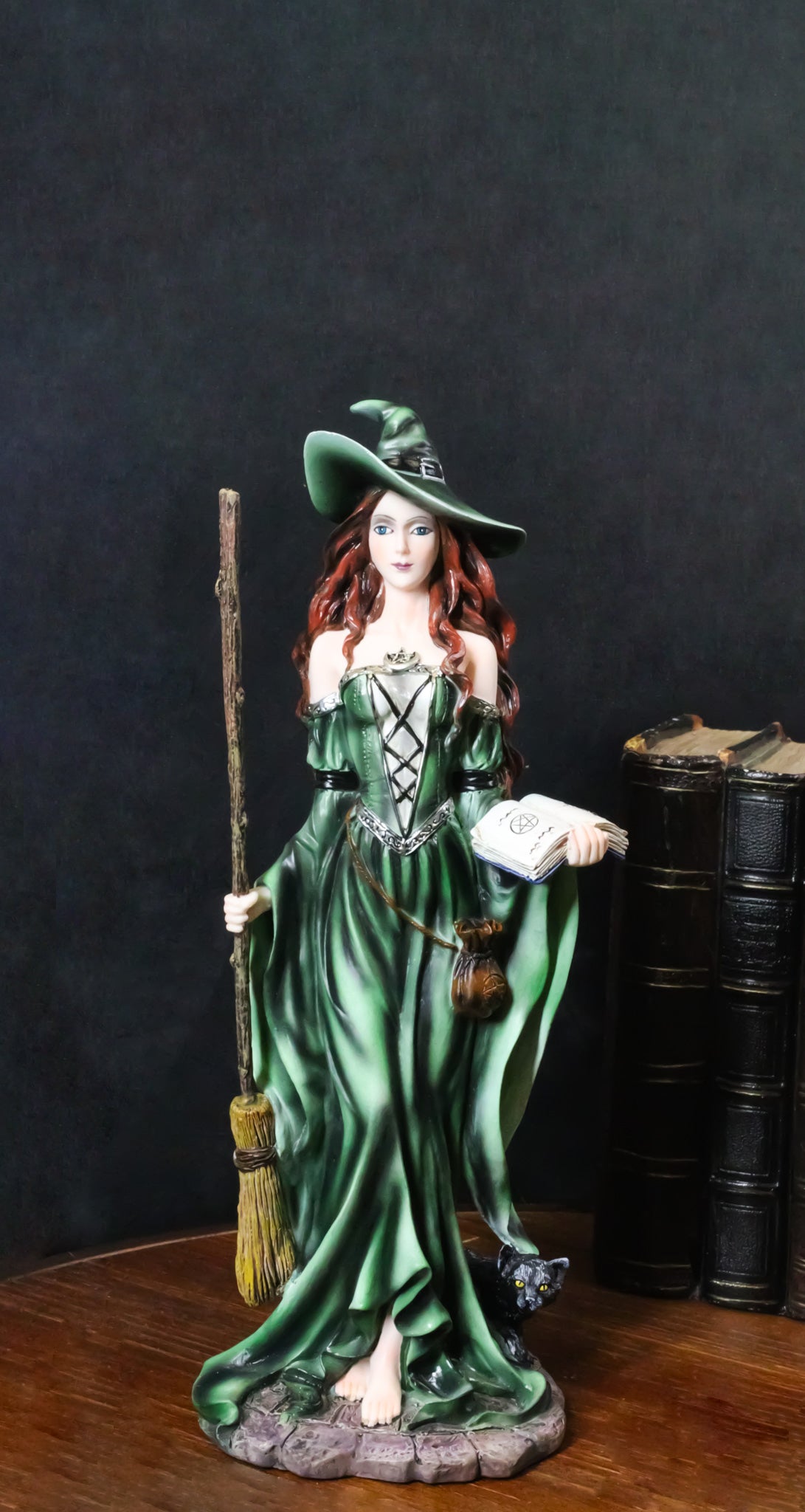 Wicca Magic Green Witch Figurine with Broomstick, Spell Book & Black Cat, 10"H
