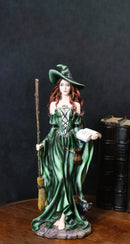 Wicca Magic Green Witch Figurine with Broomstick, Spell Book & Black Cat, 10"H
