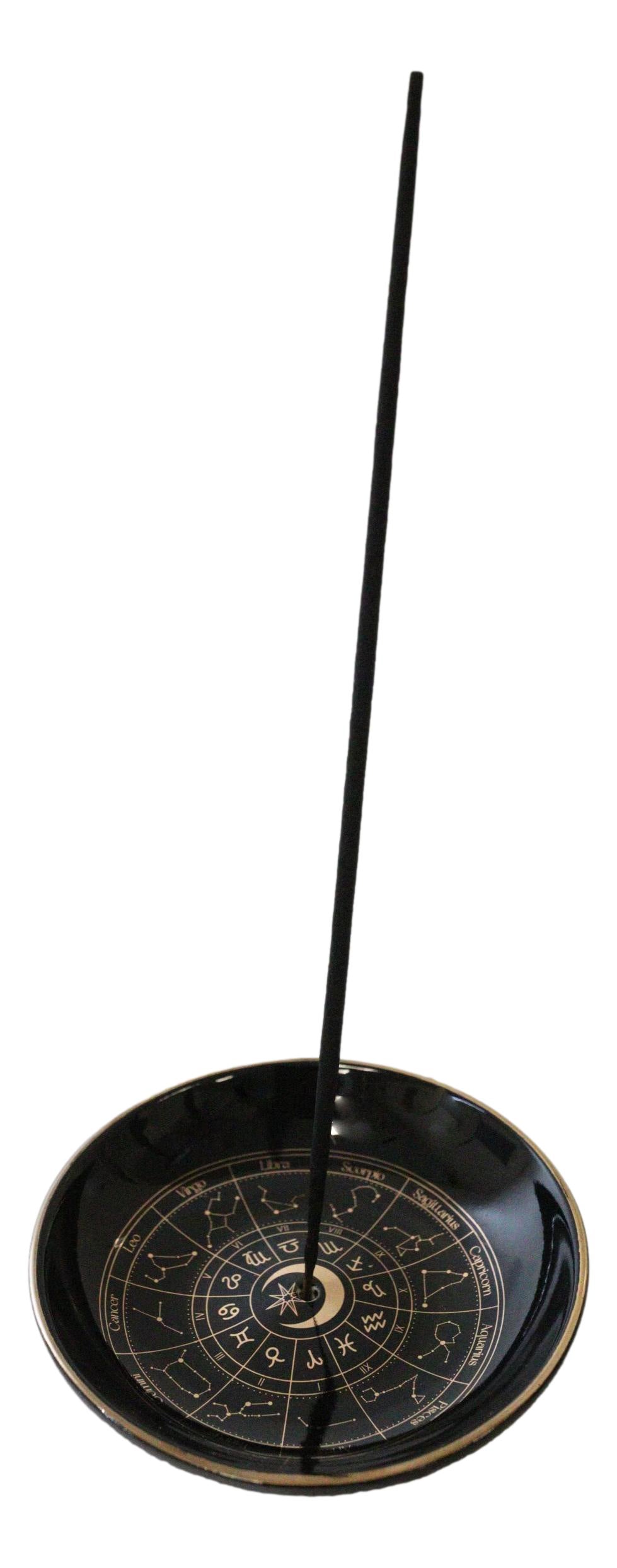 Wicca Black Astrology Wheel Round Incense Stick Burner Or Trinket Ceramic Dish