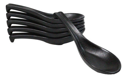 Pack of 6 Kokuyo Black Ceramic Asian Soup Spoons With Latch Hook Ends 5.75"L