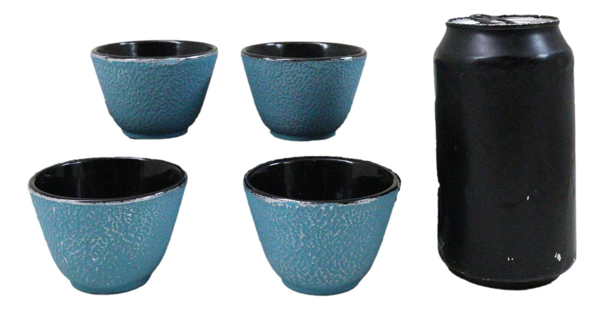 Pack Of 4 Sky Blue Traditional Cast Iron Tetsubin Textured Surface Tea Cups 3oz