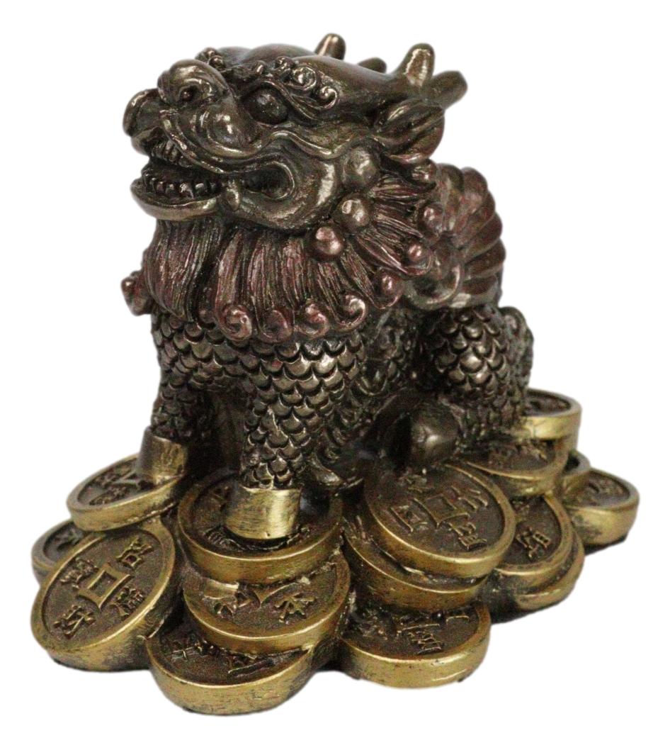 Feng Shui Fortune Money Dragon Chi Lin Yang Energy Gold Coins Charm Figurine - Ebros Gift