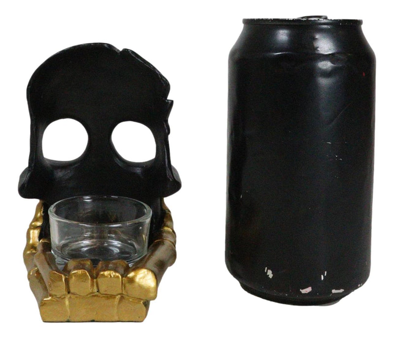 Black Phantom Skull Mask On Gold Skeleton Hand Votive Tea Light Candle Holder