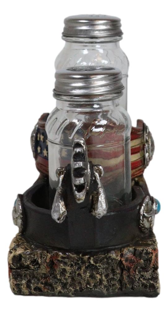 Western Cowboy Boot Spurs USA Flag Conchos Faux Leather Salt Pepper Shakers Set - Ebros Gift