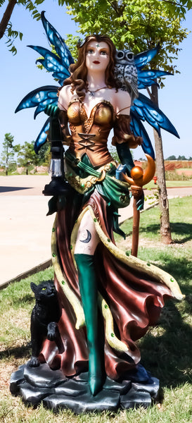 Large 4.5 Ft Moon Spell Caster Fairy With Owl Cat And Solar LED