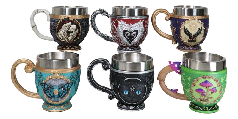 Set Of 6 Colorful Cameo Tarot Moth Skeletons Dragons Cat Magic Tea Cup Mugs