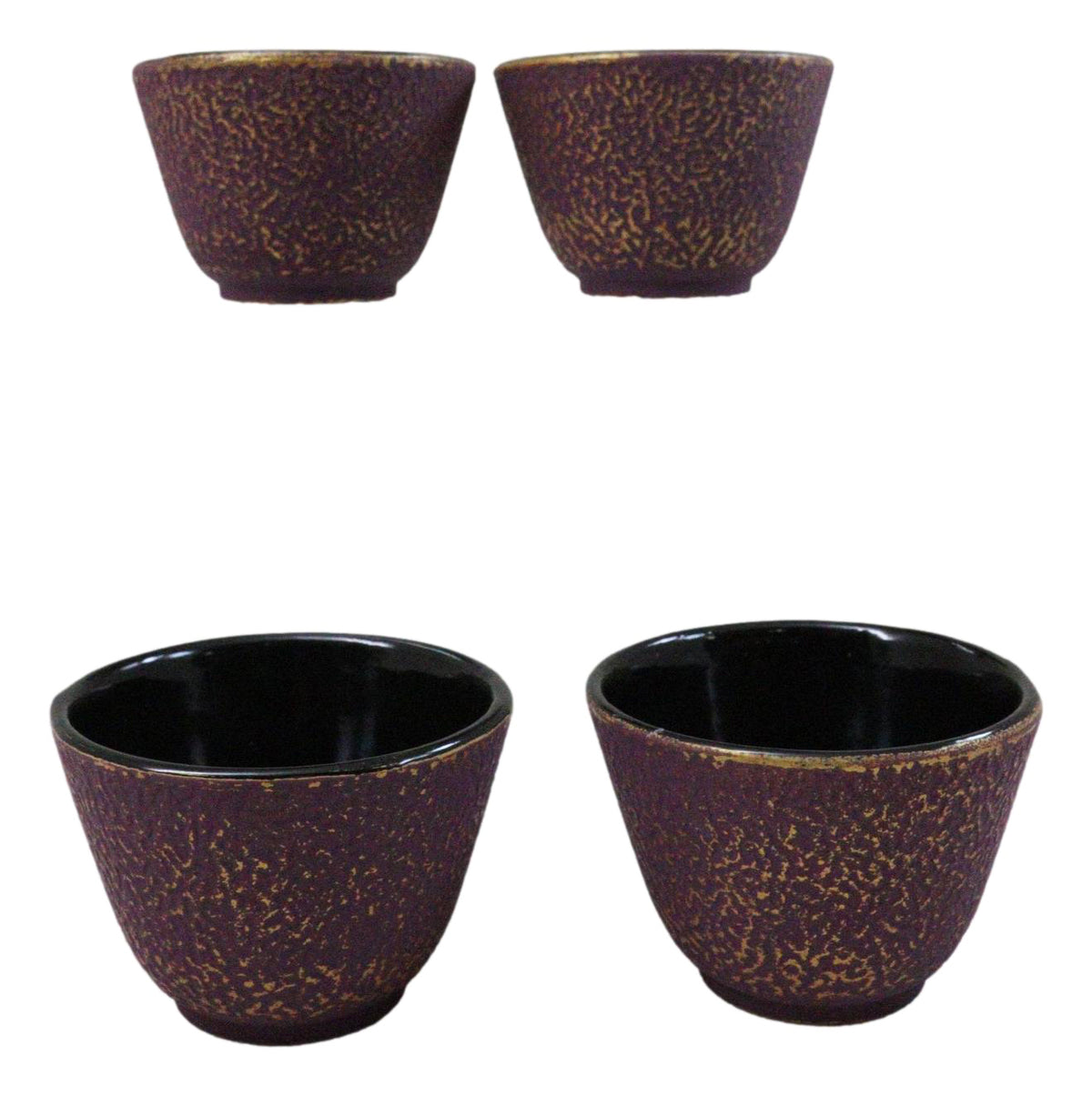 Pack Of 4 Burgundy Red With Gold Cast Iron Tetsubin Textured Tea Cups 3oz