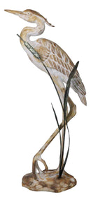 Large Marine Majestic Heron In Reeds Distressed Faux Wood Finish Sculpture 24"H