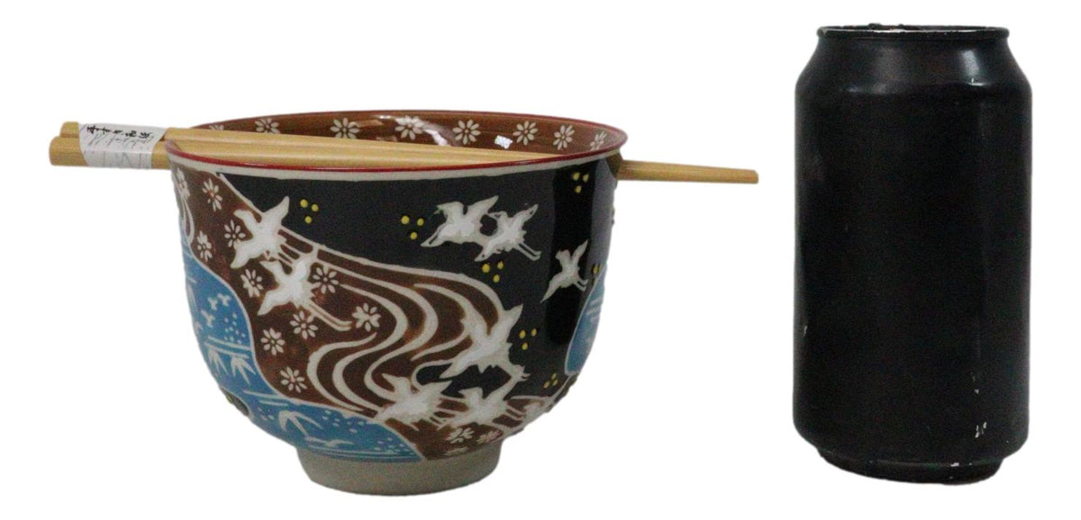 White Japanese Cranes Ceramic Donburi Ramen Soup Bowl With Chopsticks Set