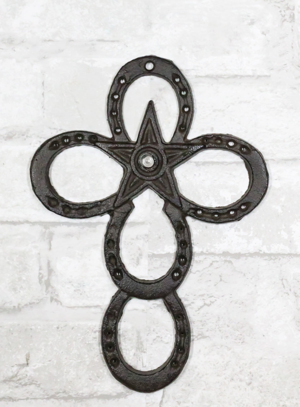 Set Of 2 Cast Iron Rustic Western Horseshoes And Lone Star Christian Wall Cross - Ebros Gift