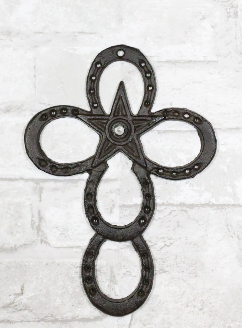 Set Of 2 Cast Iron Rustic Western Horseshoes And Lone Star Christian Wall Cross