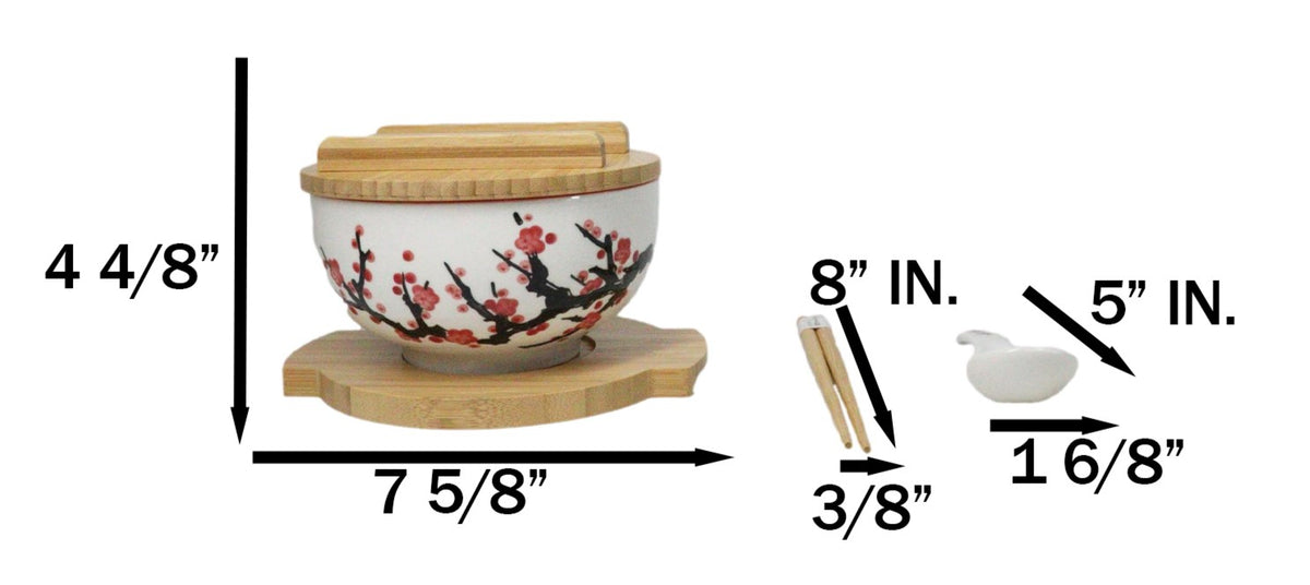 White Ume Plum Blossoms Donburi Ramen Bowl With Lid Trivet Spoon Chopsticks Set