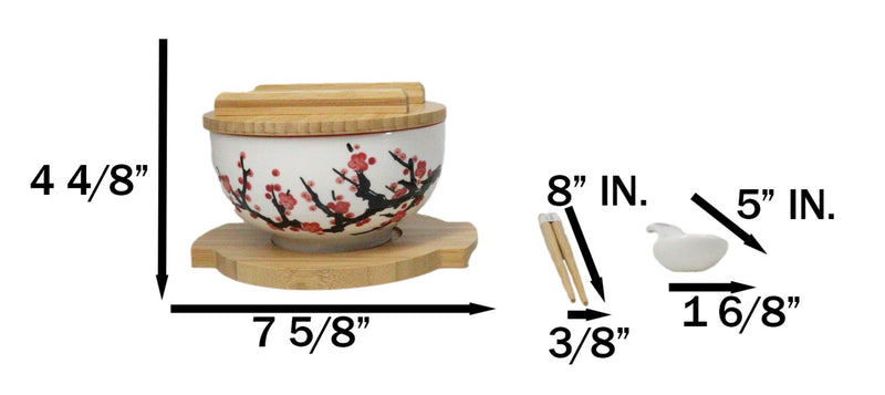 White Ume Plum Blossoms Donburi Ramen Bowl With Lid Trivet Spoon Chopsticks Set