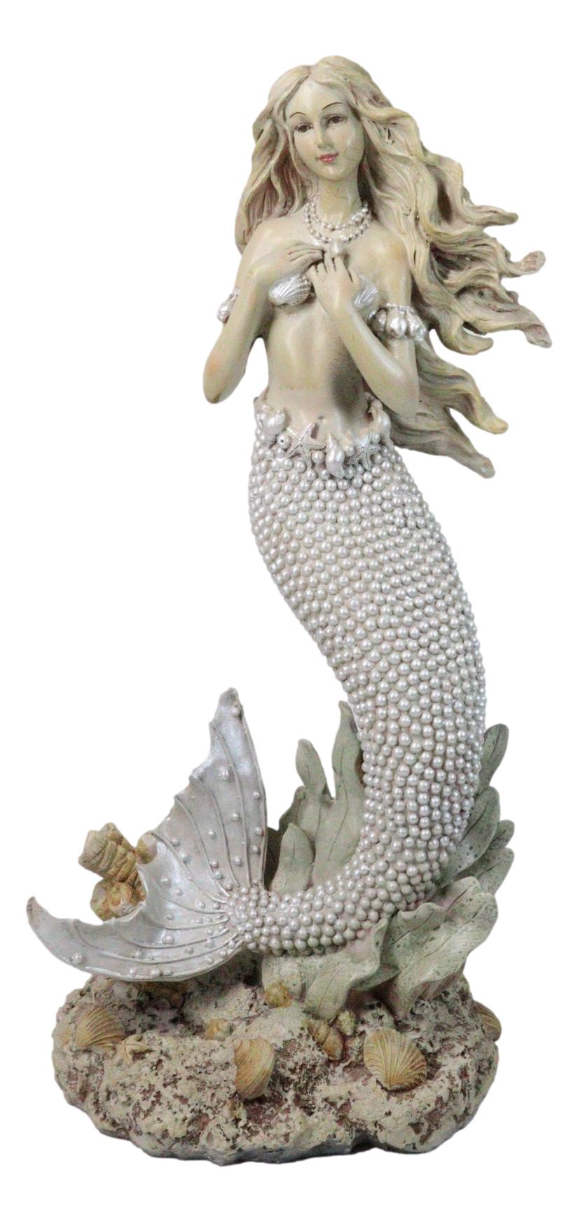 Marine Vintaged Pearly White Ariel Mermaid Sitting On Sea Rock Figurine 16" H