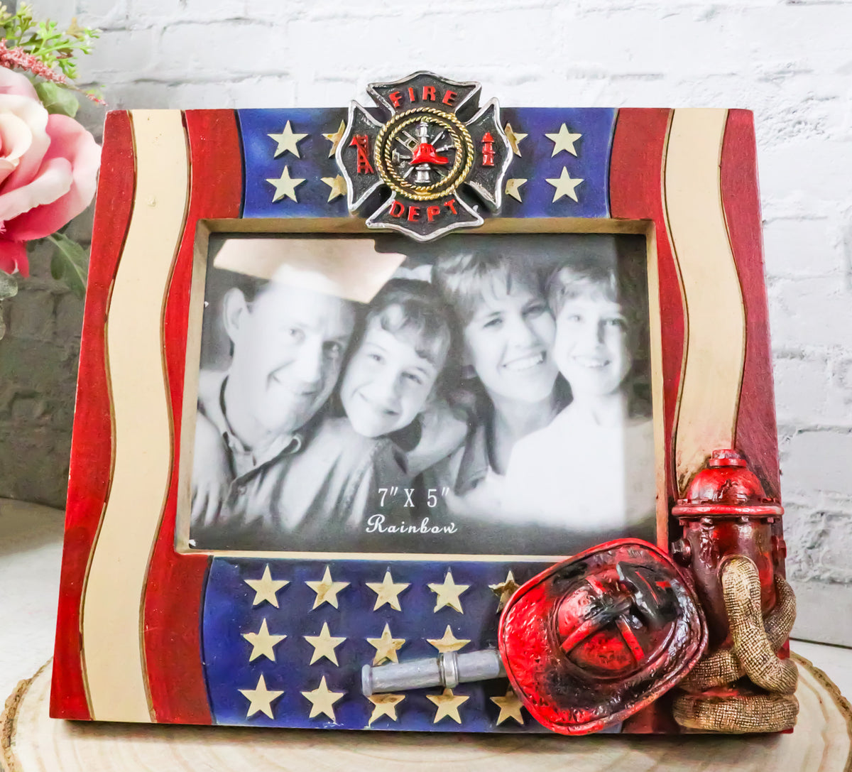 Patriotic Maltese Cross Fireman Helmet Hose Fire Hydrant USA Flag Picture Frame - Ebros Gift