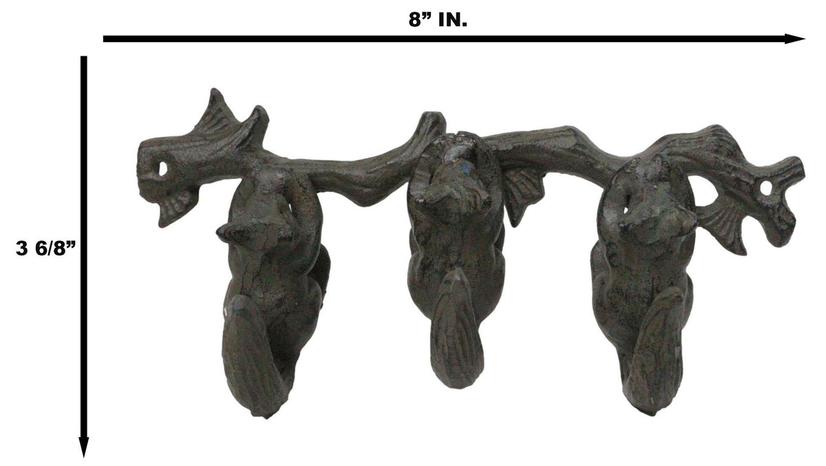Rustic Country Cast Iron Squirrel On Tree Branch 4-Peg Wall Coat Hooks 13"L