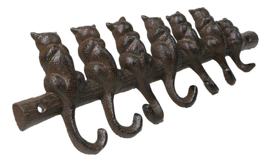 Cast Iron Rustic Abstract Feline Cats With Playful Tails 7 Pegs Wall Hooks Decor
