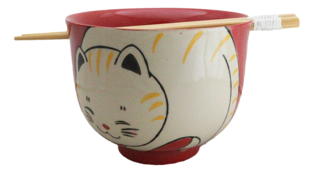 Red Cute Chubby Kitty Cat Ceramic Donburi Ramen Bowl With Chopsticks Set - Ebros Gift