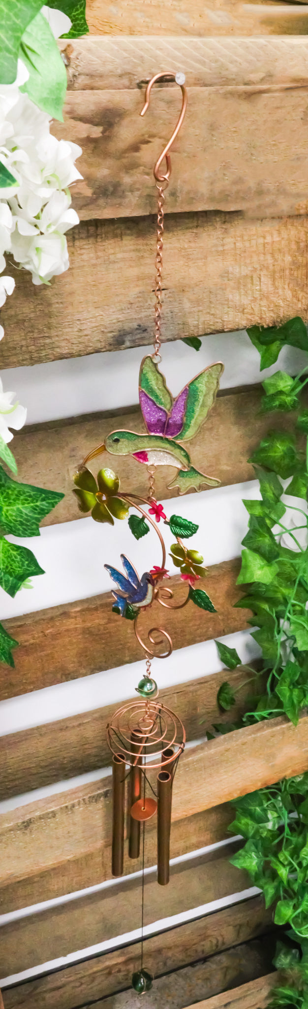 Hummingbirds Hovering Over Nectar Flowers Art Glass Gemstones Metal Wind Chime