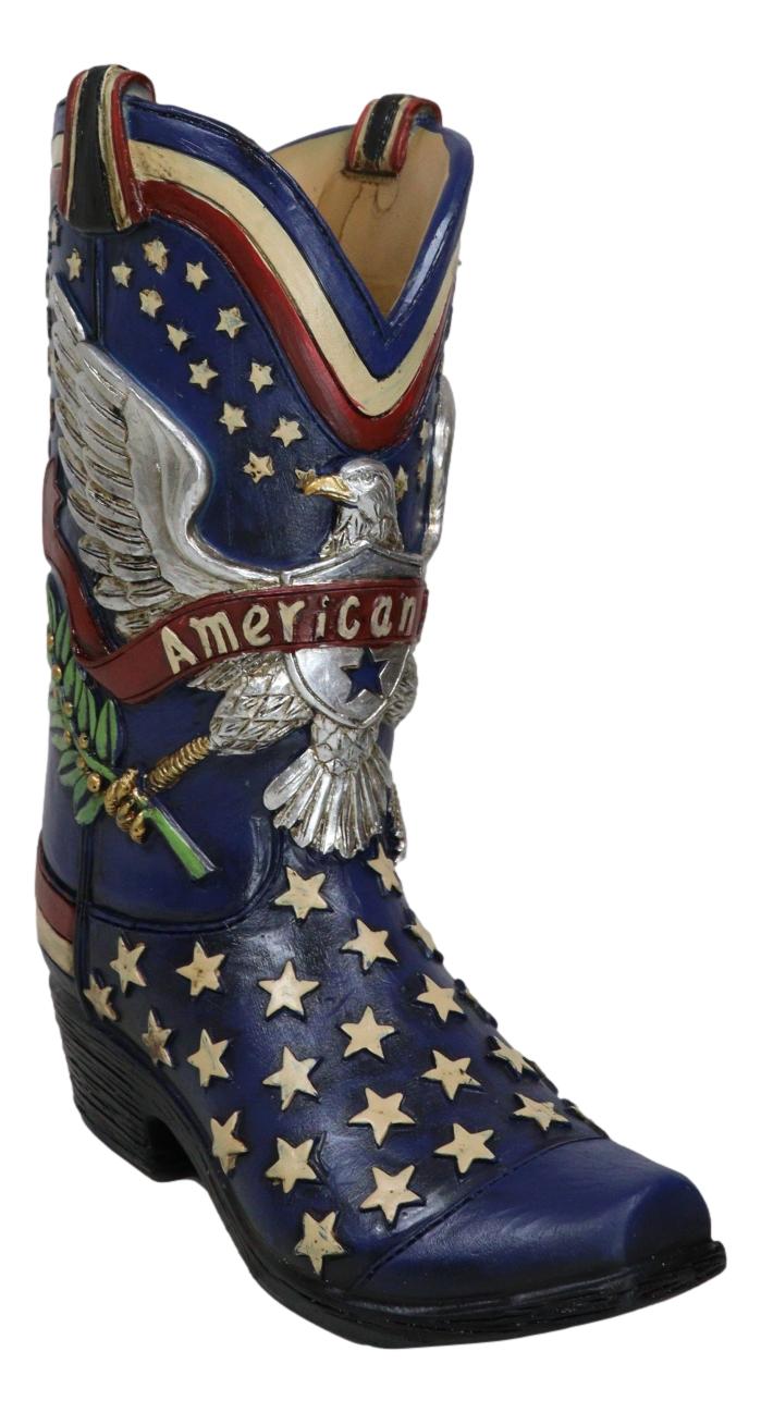 Patriotic Blue Western Stars American Hero Great Seal Eagle Cowboy Boot Vase