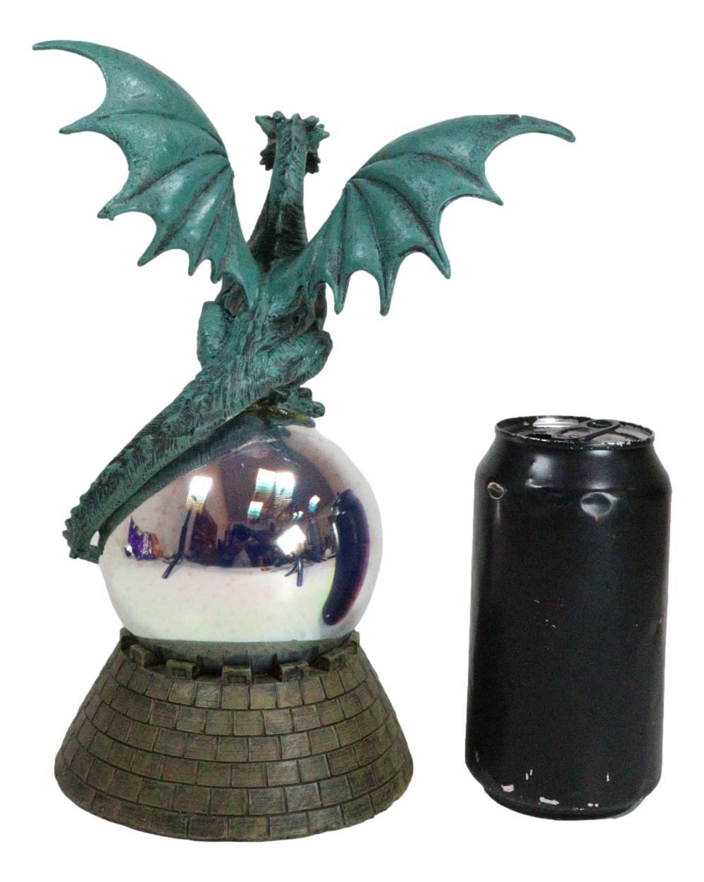 Teal Monarch Dragon Perching On LED Optic Plasma Ball With Battlement Wall Base