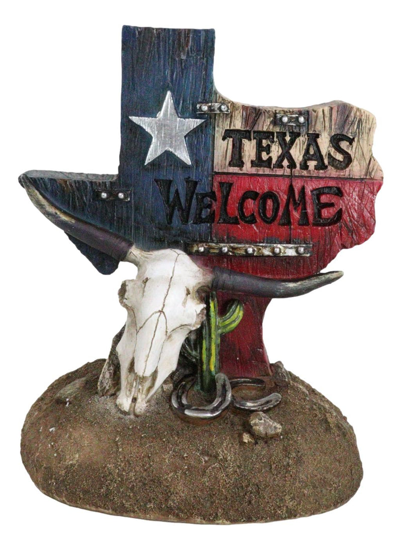 Western Welcome State Of Texas Map With Horseshoe And Longhorn Skull Figurine