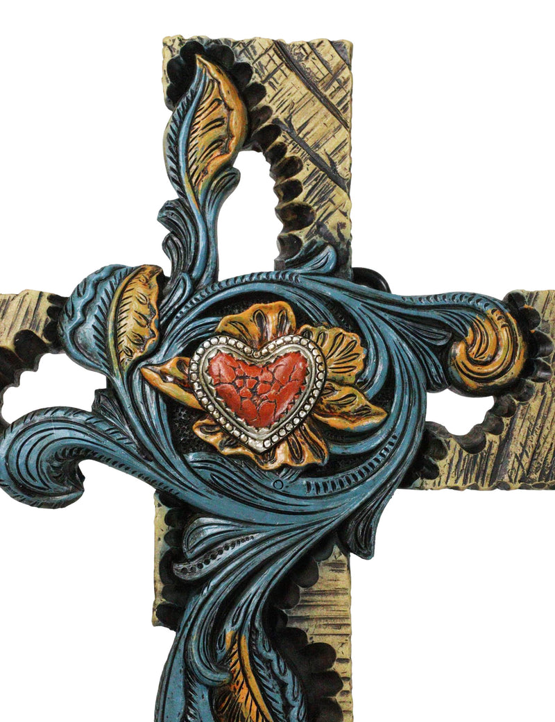 Rustic Southwest Faux Wooden Turquoise Flowers And Red Heart Wall Cross Cutout