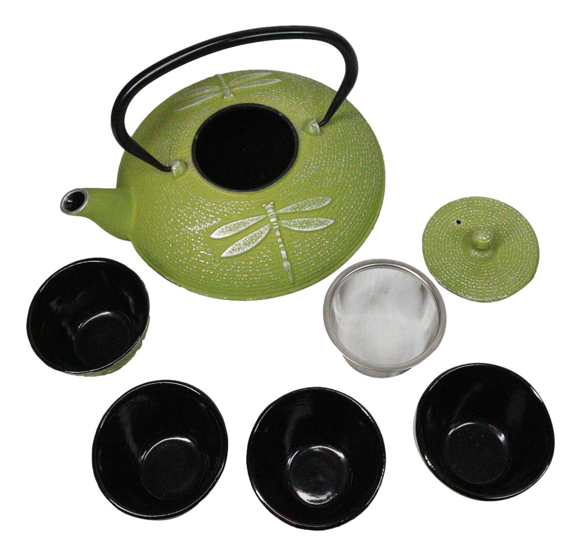 Green Dragonfly Traditional Tetsubin Cast Iron Tea Pot With 4 Cups Set 37oz