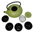Green Dragonfly Traditional Tetsubin Cast Iron Tea Pot With 4 Cups Set 37oz