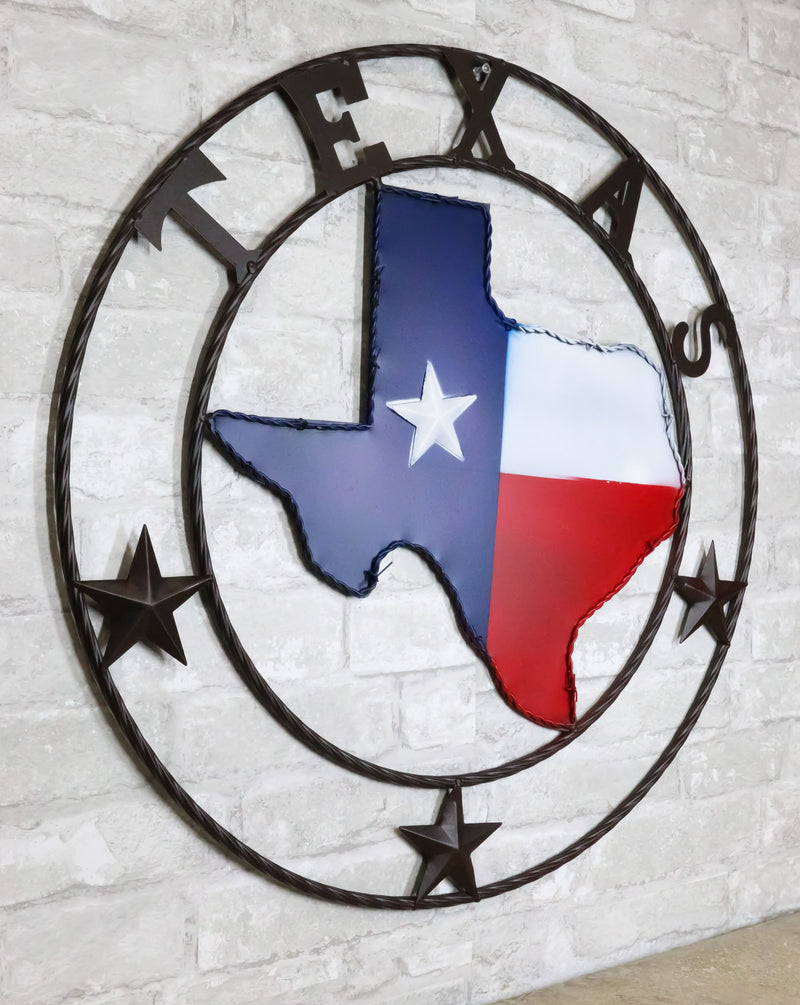 24"D Western Large Texas Lone Star State Map Patriotic Flag Wall Circle Sign