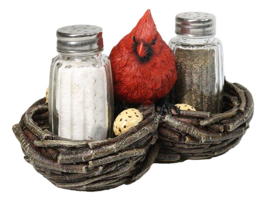 Wildlife Cardinal Nest Salt & Pepper Shaker Holder Red Bird Tabletop Figurine