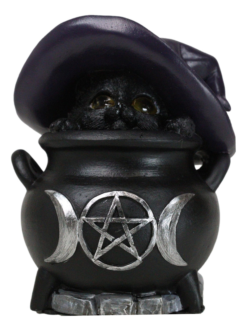 Witch Hat Feline Black Cat Hiding in Triple Moon Cauldron With LED Eyes Figurine