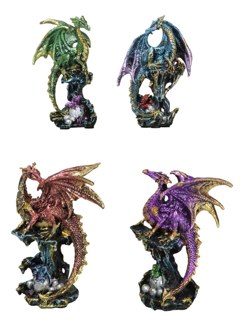 Set Of 4 Metallic Colorful Fantasy Dragons Perching On Rock Towers Figurines