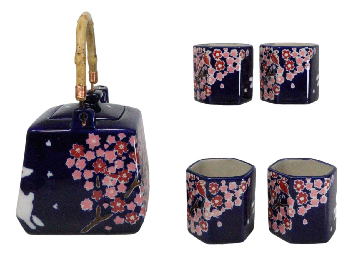 Blue Sakura Cherry Blossoms With Rabbit Hexagonal Teapot With 4 Tea Cups Set