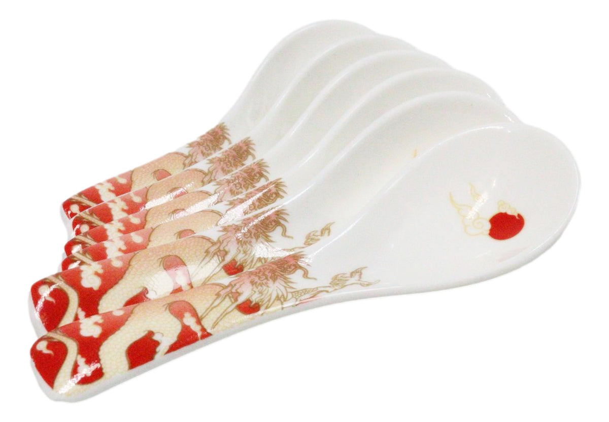 Set of 6 Red Ryu Dragon Porcelain Asian Soup Spoons Japanese Ramen Pho Wonton