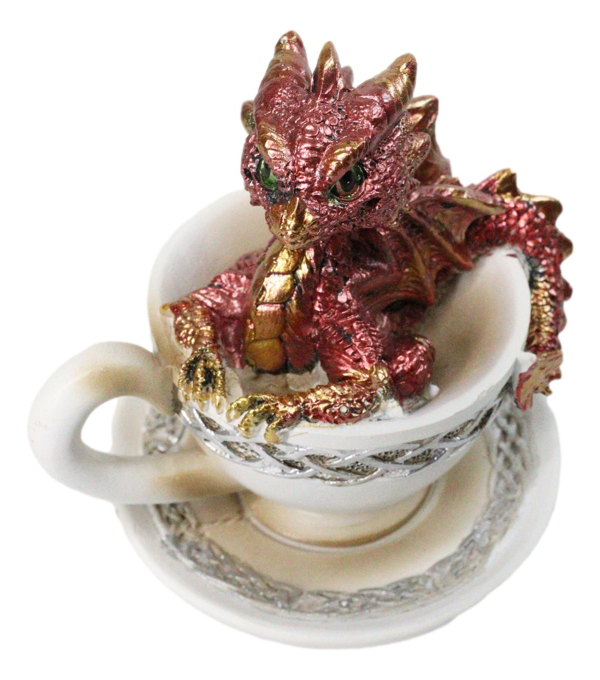 Red Metallic Baby Wyrmling Dragon Bathing In Tea Cup with Saucer Figurine