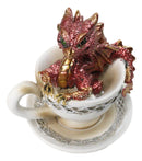 Red Metallic Baby Wyrmling Dragon Bathing In Tea Cup with Saucer Figurine