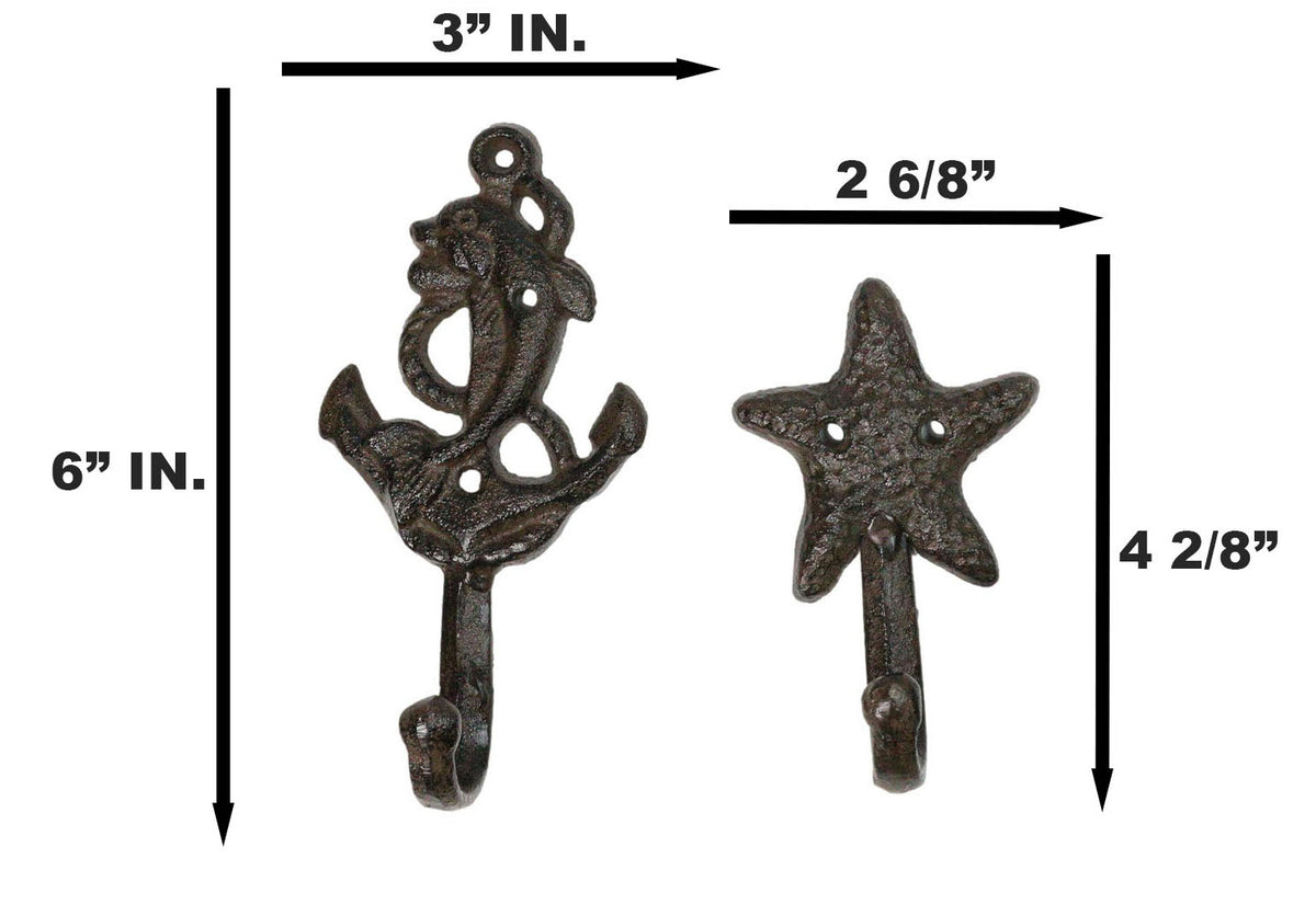 Pack of 6 Cast Iron Marine Sea Horse Anchor Lighthouse Starfish Shell Wall Hooks