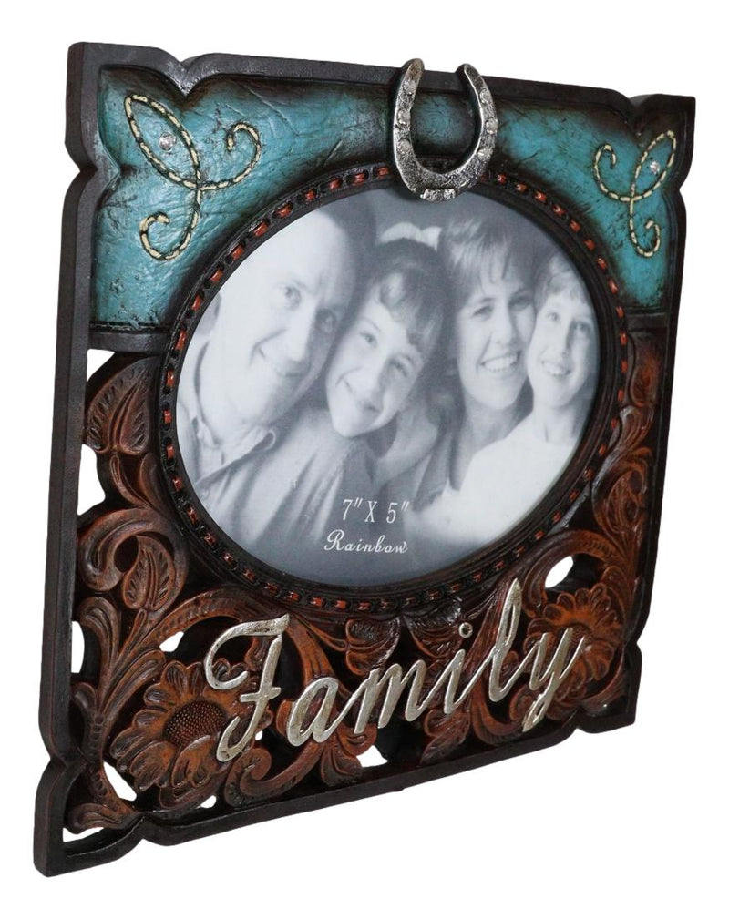 Rustic Western Family Horseshoe Turquoise Faux Tooled Leather 5X7 Picture Frame