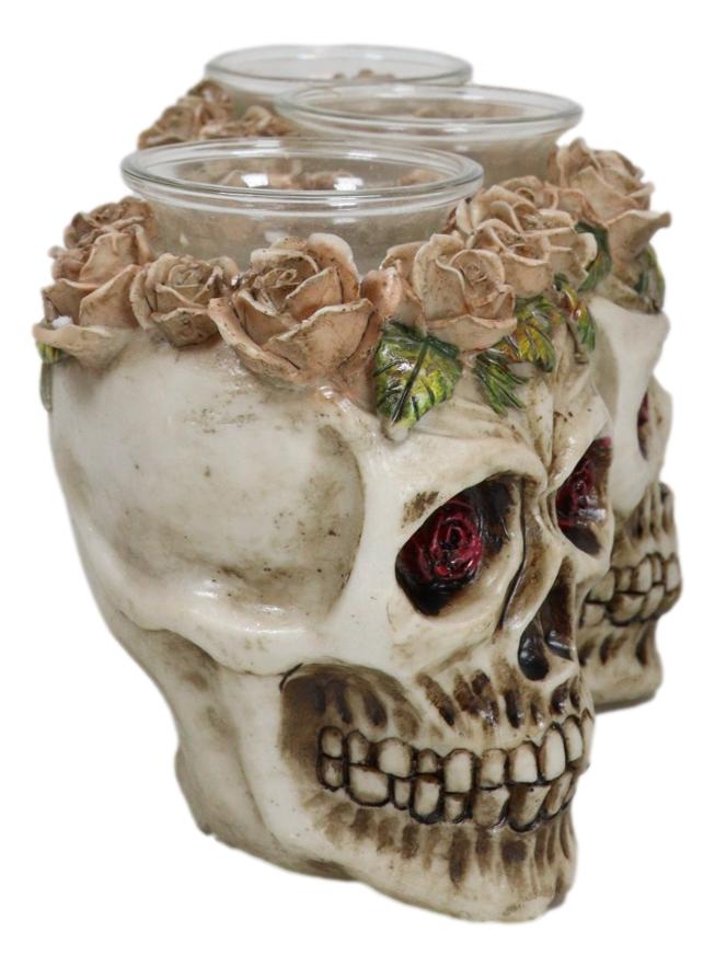 Gothic Skulls With Pink Roses Laurel Triple Votive Tea Light Candles Holder