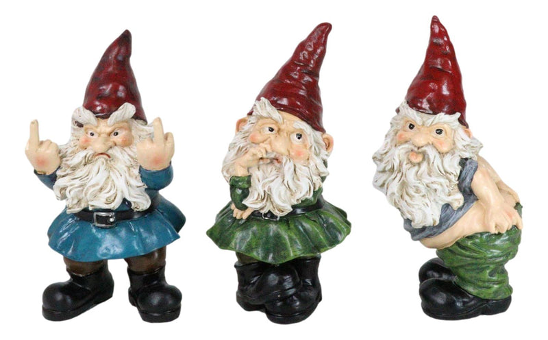 Set of 3 Rude Old Mr Gnomes Flipping The Bird Mooning and Conniving Figurines