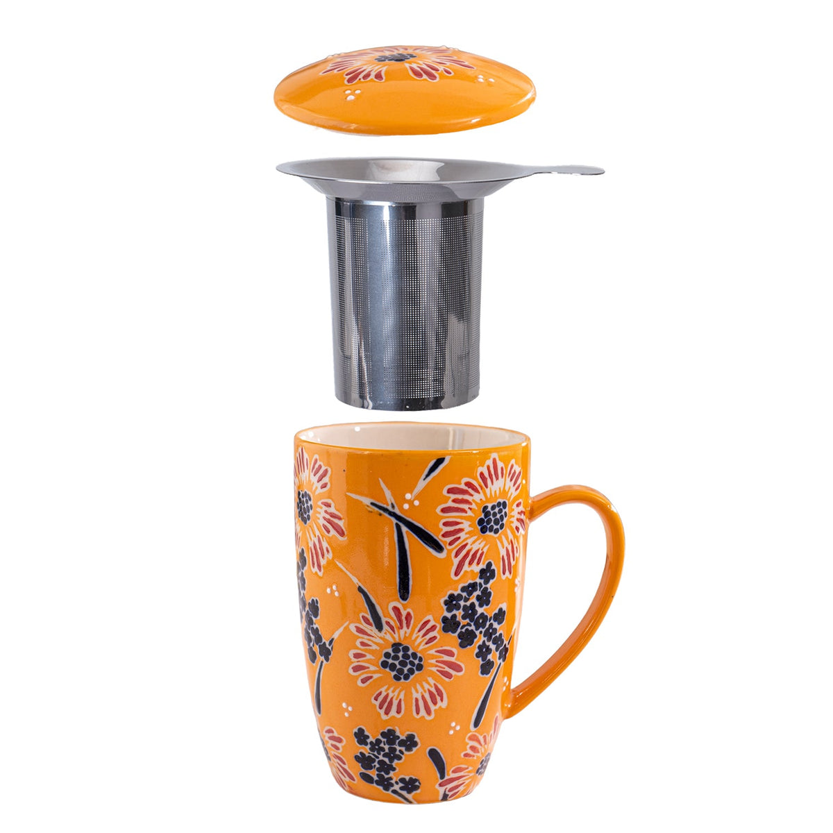 Orange Flowers Nature 15oz Porcelain Tea Mug With Lid & Stainless Steel Infuser