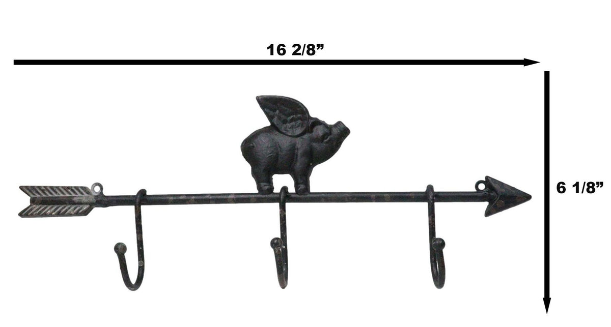 Cast Iron Rustic Farmhouse When Pigs Fly Angel Pig With Arrow 3-Peg Wall Hooks