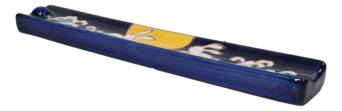 Ebros Moon Rabbit Blue Hand Painted Ceramic Incense Stick Holder Ash Catcher