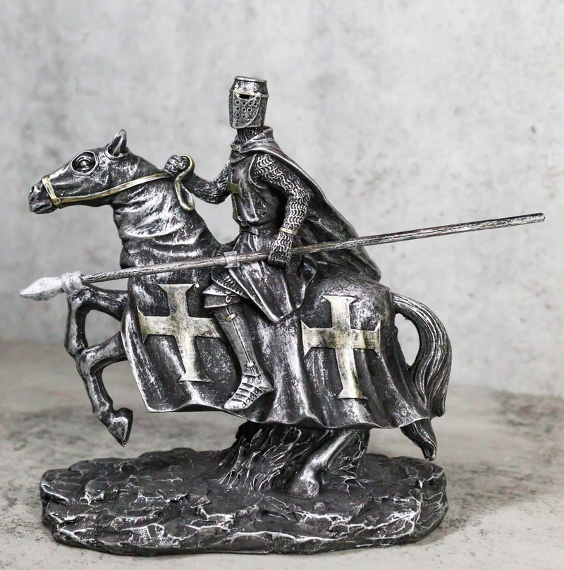 Suit of Armor Crusader Knight With Long Spear Riding On Cavalry Horse Figurine