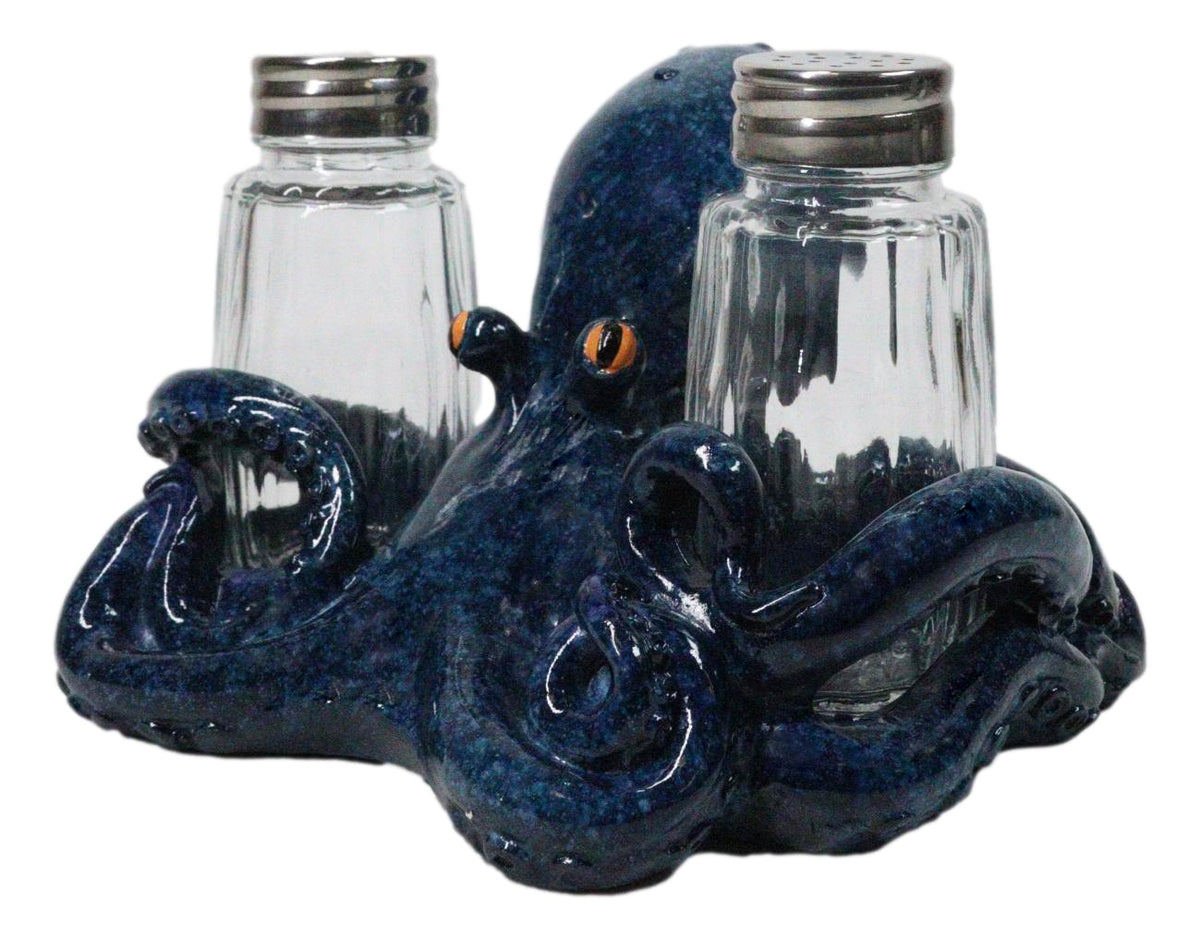 Blue Spotted Nautical Marine Cephalopod Octopus Salt Pepper Shakers Holder Set