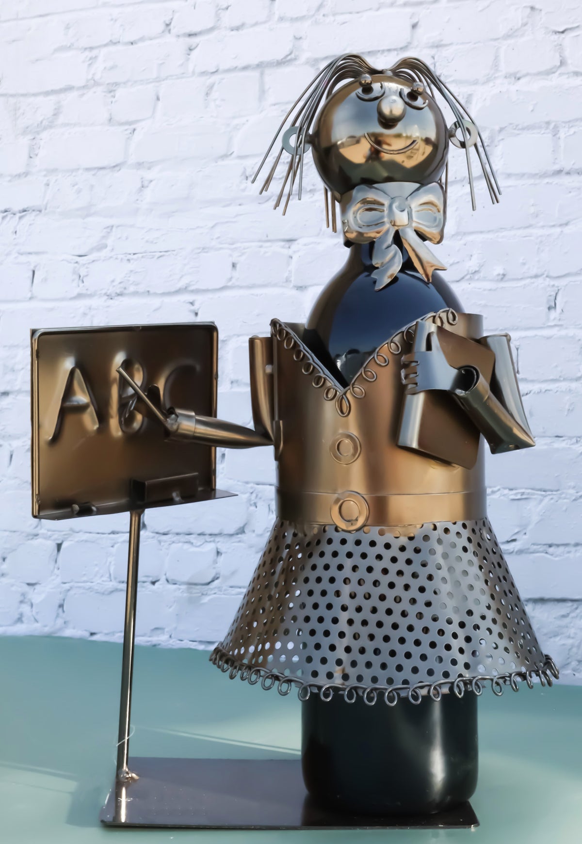13" Tall Female Teacher With Lesson Board Hand Made Metal Wine Bottle Holder Caddy Figurine